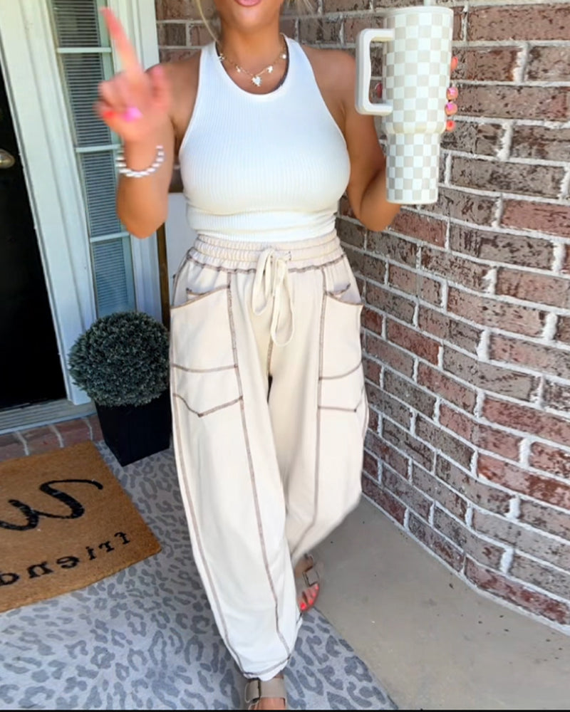High-Rise Contrast Drawstring Lounge Pants