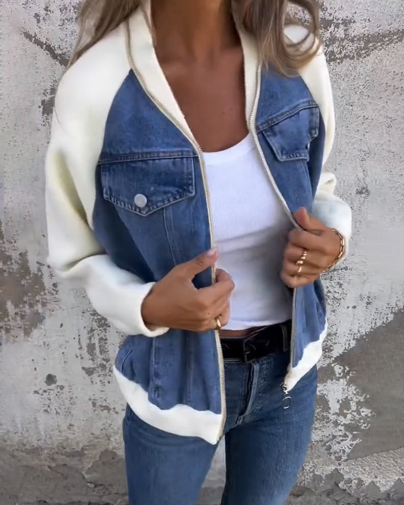 Fashion Color Block Patchwork Zipper Coat
