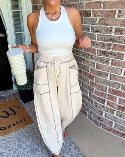 High-Rise Contrast Drawstring Lounge Pants